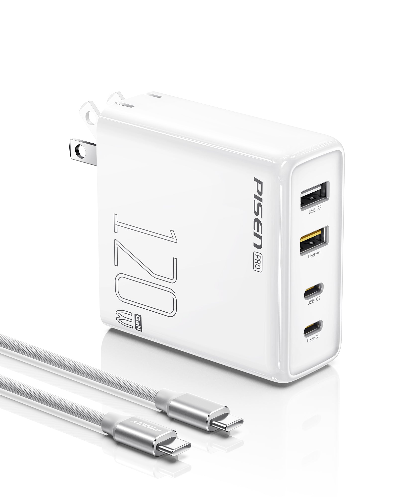 PISEN 120W USB C Charger - PPS 4-Port GaN USB C Charger Block Fast Charging with 6FT USB-C to C Cable for MacBook Pro/Air, Pixelbook, iPad Pro, iPhone Series, Galaxy S23/Note20, Pixel 8, Steam Deck