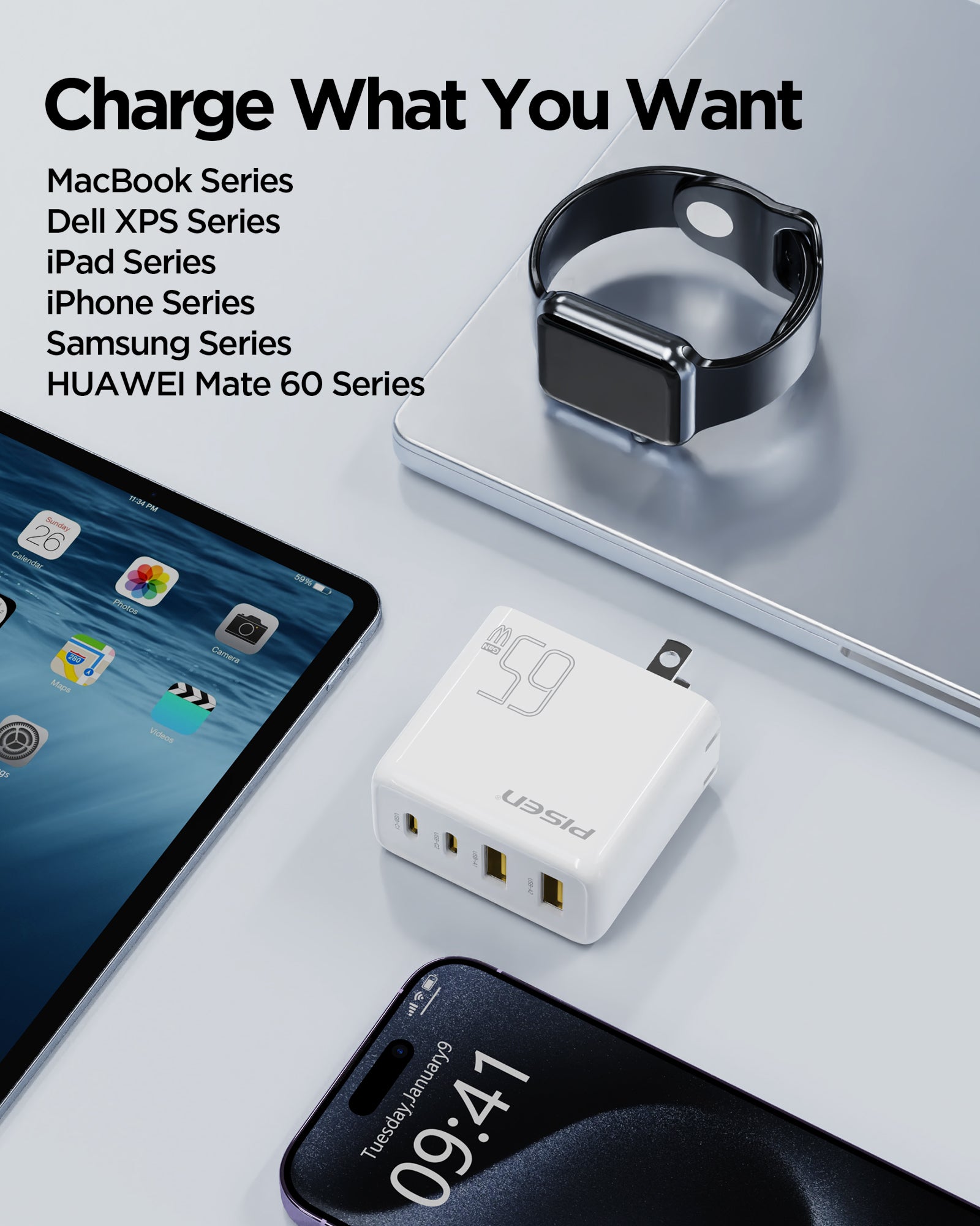 PISEN 65W USB C Charger - USB C Fast Charger Block with 5FT Type C to C Cable, GaN Charger PPS 4-Port Fast Compact Foldable, USB Wall Charger for MacBook Pro/Air, iPad Pro, Galaxy S23, iPhone Series